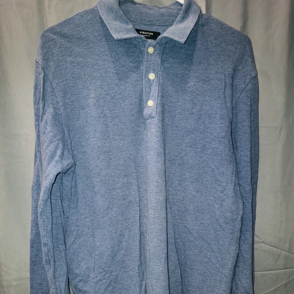 Men's Blue Long Sleeve Polo Shirt | Structure | TRUE VINTAGE 90s | Medium